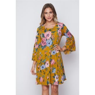 Honeyme Dress with Bell Sleeves - Mustard Yellow & Pink Floral Print