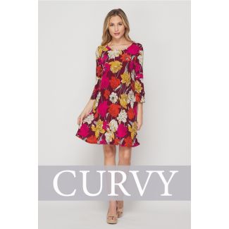 CURVY Plus Size Honeyme Swing Dress with Bell Sleeves - Red/Fuchsia Floral Print