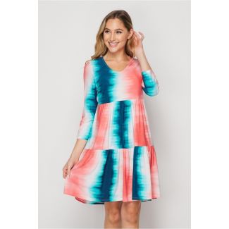 Honeyme Tie-Dye Dress with 3/4 Sleeves - Jade & Coral