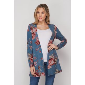 Honeyme Pink Roses Sweater Cardigan - Teal/Burgundy