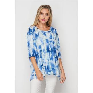 Honeyme Tie-Dye Tunic Top with 3/4 Sleeves - Blue & White